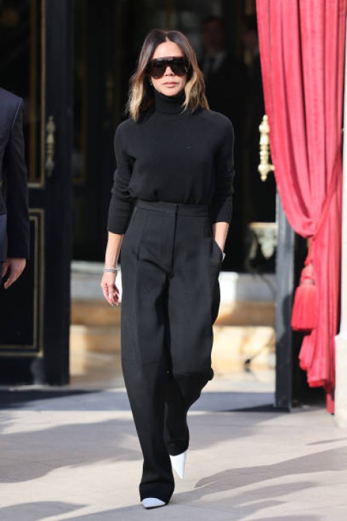 Victoria Beckham is seen leaving her hotel ahead of her Victoria Beckham show during the Womenswear Fall/Winter 2025/2026 as part of Paris Fashion...