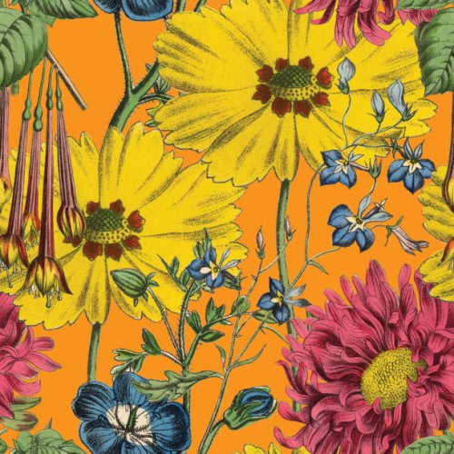 victorian botanical, hand-colored, seamless repeating pattern. realistic blooming isolated flowers vintage fabric background. beautiful cottage garden and wildflowers. wallpaper baroque. drawing engraving. victorian illustrat