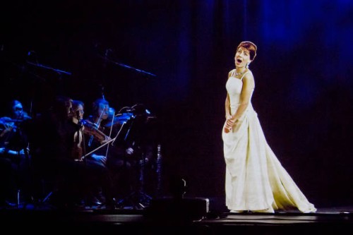 Video frame grab shows the hologram of Maria Callas gesturing on stage during an hologram-concert at the Admiralspalast on November 9, 2019 in...