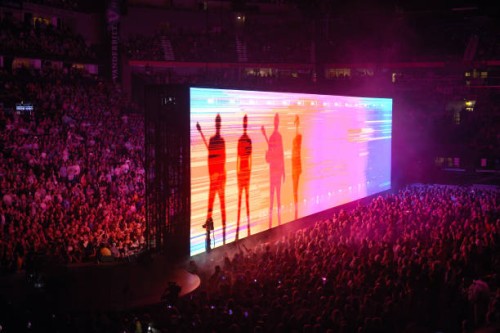 Video projection of the rock band U2 is seen at Bridgestone Arena on May 26, 2018 in Nashville, Tennessee.