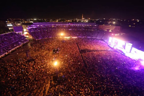 View from the roof as Six60 perform at Eden Park on April 24, 2021 in Auckland, New Zealand. The historic first concert to be held at Eden Park is...