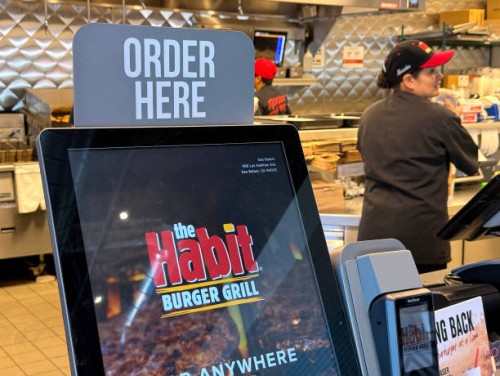 View of an ordering kiosk at The Habit Burger Grill on April 11, 2024 in San Rafael, California.