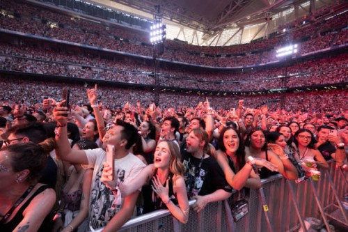 View of the audience as Taylor Swift performs during "Taylor Swift | The Eras Tour" at Santiago Bernabéu Stadium on May 29, 2024 in Madrid, Spain.