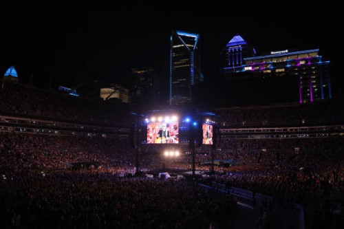 View of the crowd as Eric Church performs onstage at the Concert For Carolina Benefit Concert at Bank of America Stadium on October 26, 2024 in...