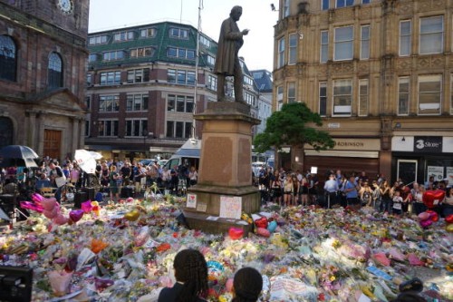 Vigil in St Ann's Square, Manchester, during the days following the 22 May 2017, suicide bombing, carried out at Manchester Arena in Manchester,...