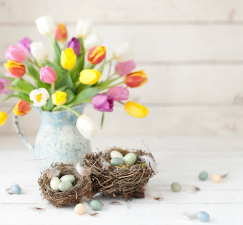 vintage easter tulips and easter eggs on an old white wood background - home decoration stock pictures, royalty-free photos & images