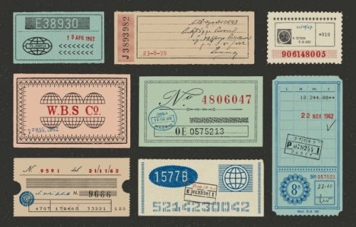 vintage ephemera, tickets, labels and rubber stamps - travel stock illustrations