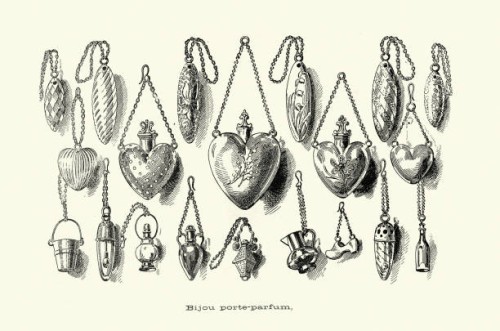 vintage illustration victorian perfume holder jewelry, necklaces, heart shaped, 1890s, 19th century - fashion stock illustrations