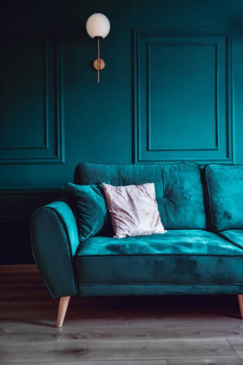 vintage style blue colored living room with sofa - home decoration stock pictures, royalty-free photos & images