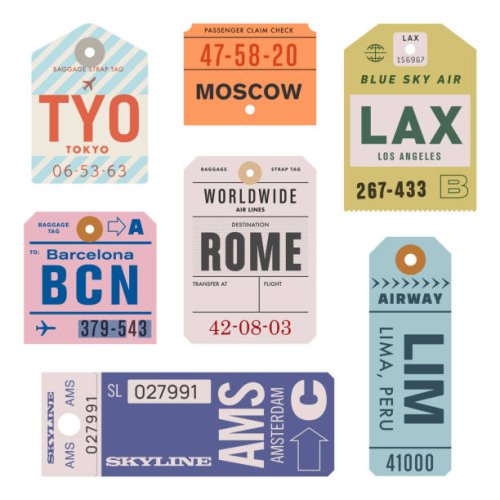 vintage world travel luggage tags - travel stock illustrations