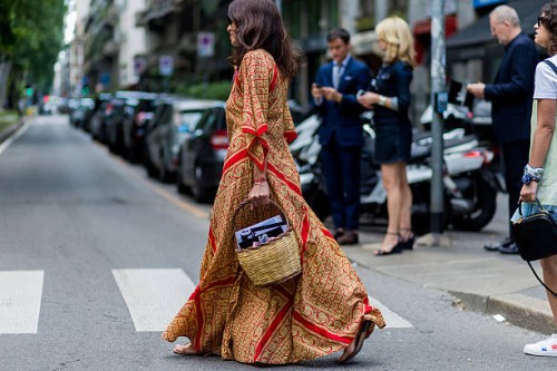 Viviana Volpicella wearing boho dress outside Dolce & Gabbana during the Milan Men's Fashion Week Spring/Summer 2017 on June 18, 2016 in Milan, Italy.