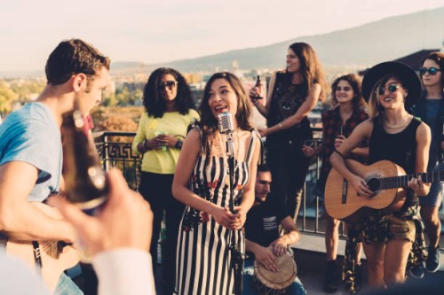 vrienden drinken en feesten op het dak - concert stockfoto's en -beelden