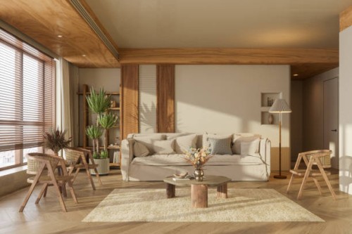 wabi sabi style living room with sofa, wicker chairs, coffee table, potted plant and parquet floor - home decoration stock pictures, royalty-free photos & images