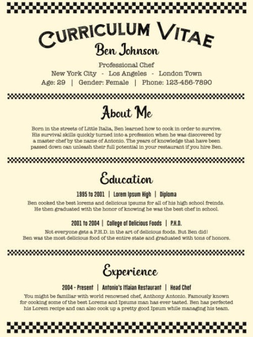 waiter and chef / cook job resume or old curriculum vitae template in clean vintage restaurant style - junk food stock illustrations