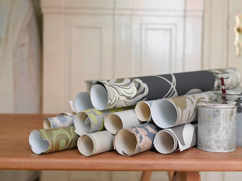 wallpaper on decorating table - home decoration stock pictures, royalty-free photos & images