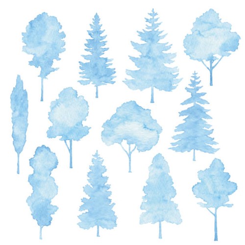 watercolor blue winter trees set - garden decoration stock illustrations