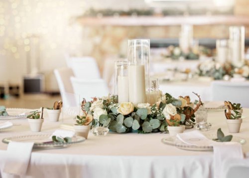 wedding reception, table setting and celebration event with flower arrangement, decor and catering for a romantic setting. party, luxury restaurant or fancy place with cutlery and tableware - home decoration stock pictures, r