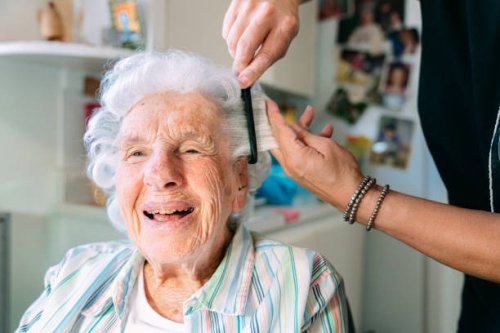 weitwinkelaufnahme einer fröhlichen, niedlichen älteren kaukasischen frau zu hause, die sich von einem professionellen stylisten für häusliche pflegekräfte die haare kämmen lässt - hairstyle stock-fotos und bilder