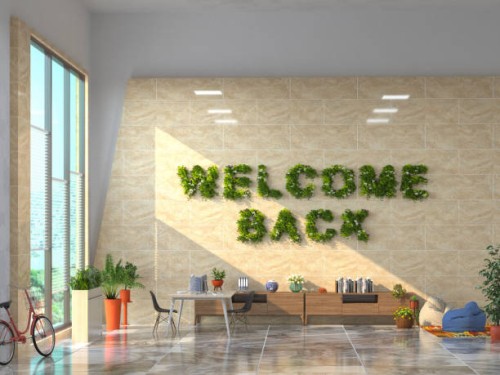 welcome back greeting on the wall - garden decoration stock pictures, royalty-free photos & images