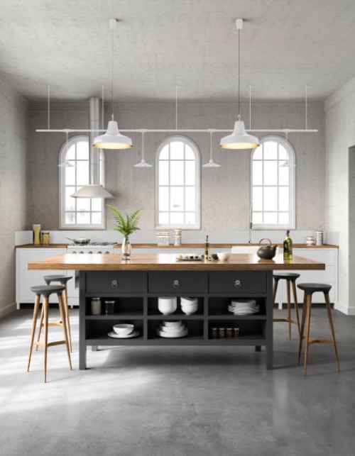 white industrial kitchen interior - home decoration stock pictures, royalty-free photos & images