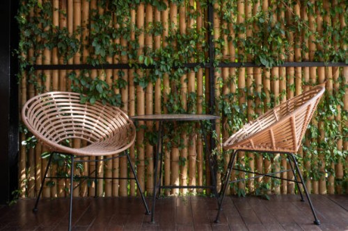 wicker chair against a bamboo wall covered with ivy. - garden decoration stockfoto's en -beelden