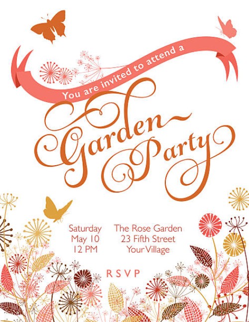 wildflowers wreath with banner garden party invitation template - garden decoration stock illustrations