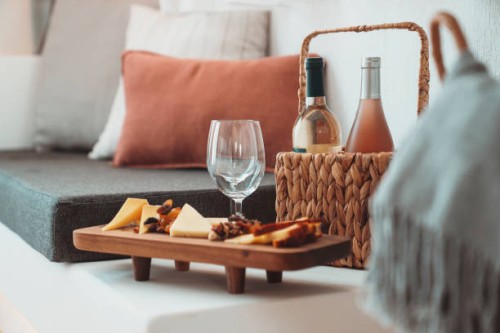 wine service in a bohemian hotel room interior - home decoration stock pictures, royalty-free photos & images