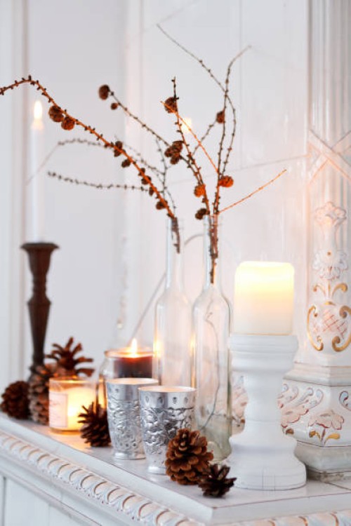 winter decorations with candles - home decoration stock pictures, royalty-free photos & images