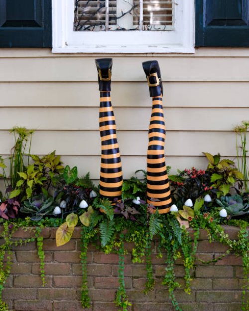 witch legs protrude from garden bed - garden decoration stock pictures, royalty-free photos & images