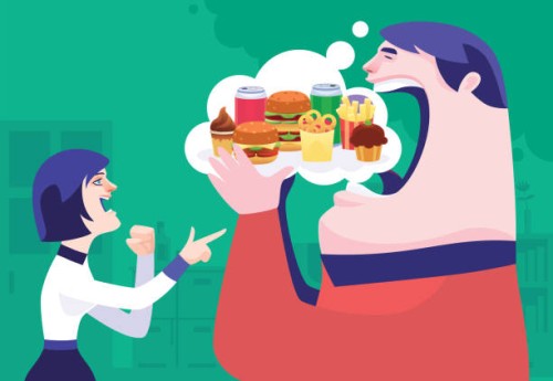 woman blaming fat man who thinking and eating junk food - food stock illustrations
