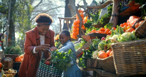woman, child and grocery shopping at market of vegetables, choice and ingredients of healthy food. smile, family and basket with organic decision, nutrition product and bonding together for meal prep - food stock pictures, ro