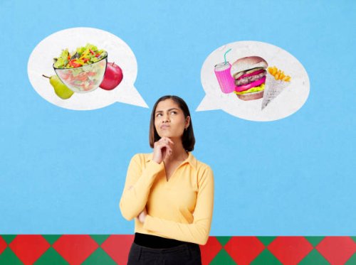 woman choosing between healthy food and junk food - junk food stock pictures, royalty-free photos & images