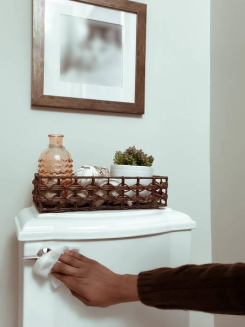 woman cleans toilet handle using disinfectant wipe - home decoration stock pictures, royalty-free photos & images