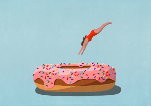 woman diving into large sprinkled donut - junk food stock illustrations