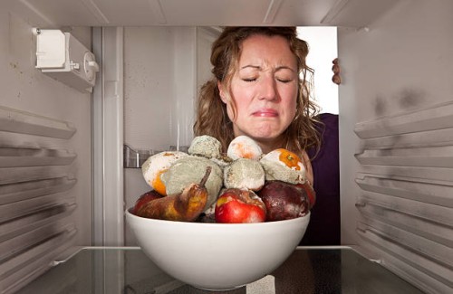 woman finds bowl of rotting fruit in the fridge. - food stockfoto's en -beelden