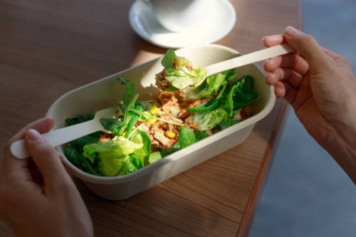 woman having a healthy vegan lunch break from delivered eco lunch boxes. delicious balanced food concept. eco zero waste tableware. food delivery - junk food stock pictures, royalty-free photos & images