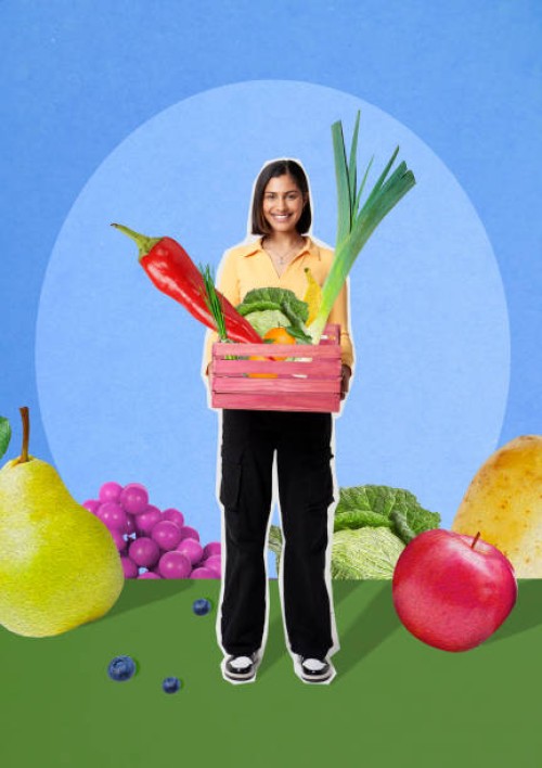 woman holding box of fruit and vegetables - food stock pictures, royalty-free photos & images