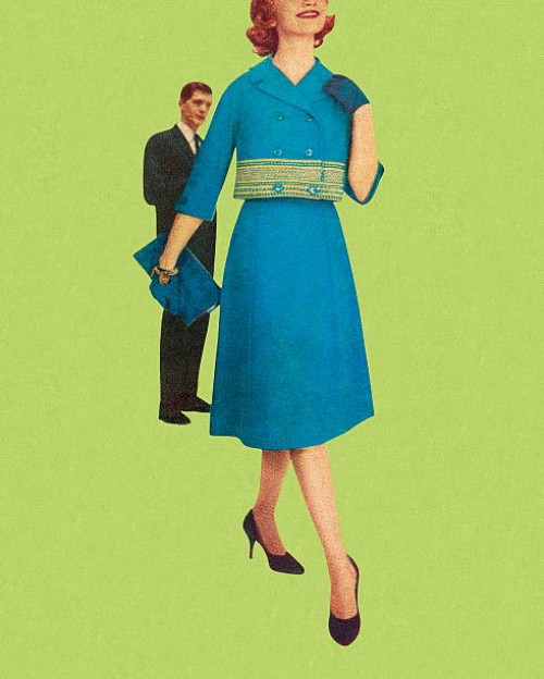 woman in blue suit and man behind her - fashion stock illustrations