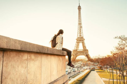 woman looking at the eiffel tower in paris - travel stock pictures, royalty-free photos & images