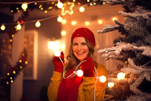 woman outdoors at winter. - garden decoration stock pictures, royalty-free photos & images