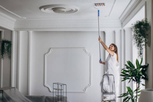 woman painting ceiling with paint roller - home decoration stock pictures, royalty-free photos & images