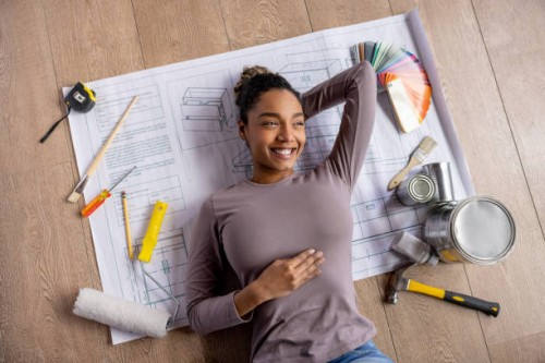 woman thinking about a furniture design for a house project - home decoration stock pictures, royalty-free photos & images