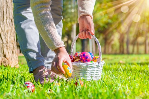 woman with a wicker basket picking up easter eggs - garden decoration stock pictures, royalty-free photos & images