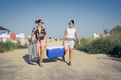 women carrying cooler at beach - food stock pictures, royalty-free photos & images