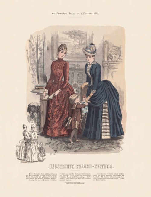 women fashion, hand-colored wood engraving, published in 1887 - fashion stock illustrations
