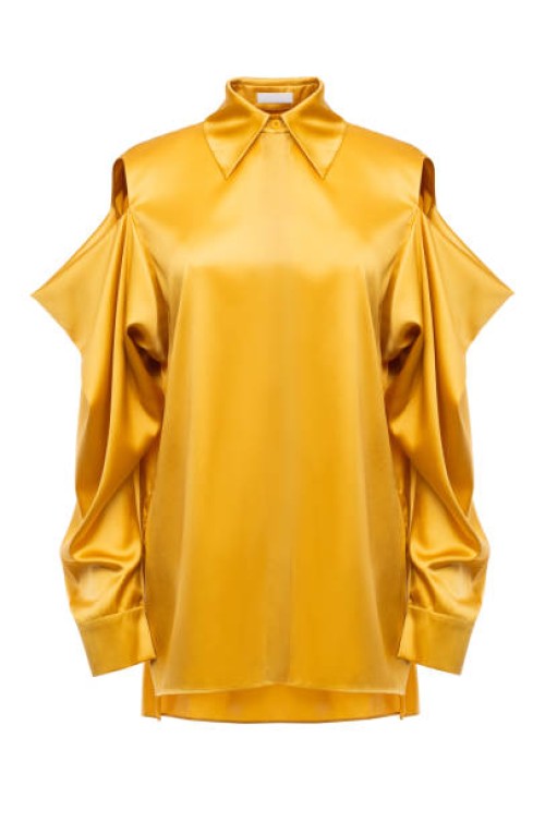 women's fashionable yellow shirt isolated in white background, invisible mannequin - fashion stock pictures, royalty-free photos & images