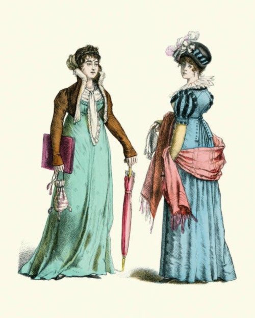 women's fashions of the early 19th century, high waisted dress, shawl, short jacket - fashion stock illustrations