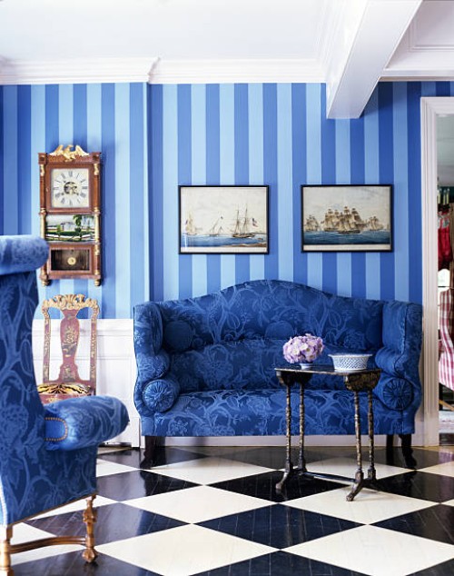 wood floor in foyer painted in tile pattern with blue settee and armchair - home decoration stock pictures, royalty-free photos & images