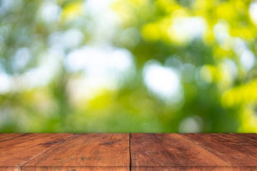wood table top on blur abstract green from garden in the morning background.for montage product display or design key visual layout - garden decoration photos et images de collection