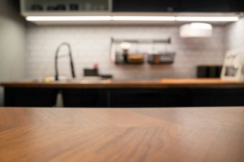 wood table top on blur kitchen counter (room)background. - food stock pictures, royalty-free photos & images